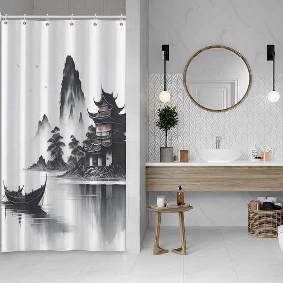 Japanese Ink Painting Fabric Shower Curtains Asian Outdoor Scenic Polyester Bathtub Curtain Misty Mountain Park Japan Shower Curtain for Kids Bathroom Decor Waterproof with Hooks,36x72 Inch