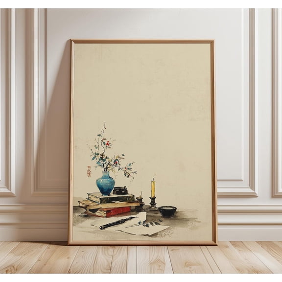 Japanese Ink Painting Zen Desk Scene Asian Decor Unframed Paper Print 8x12in