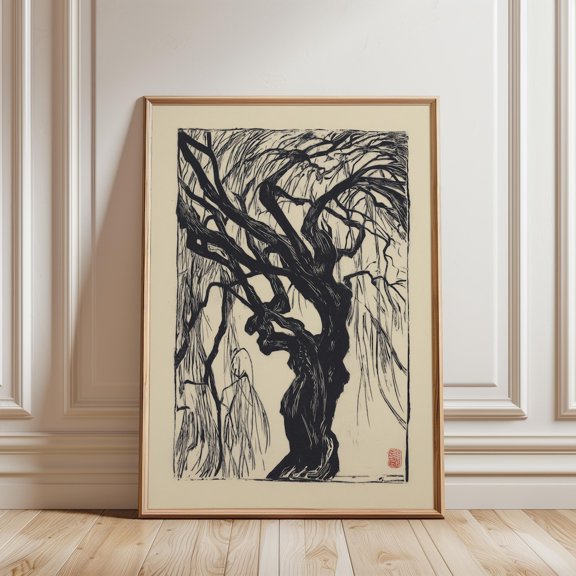Japanese Ink Style Gnarled Tree Woodcut Nature Illustration Wall Decor, Unframed Paper Poster 8x10in