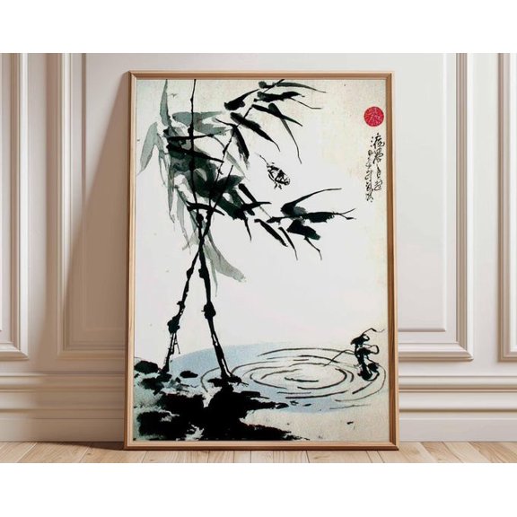 Japanese Ink Zen Willow Tree Minimalist Asian Wabi Sabi Landscape Wall Art Print, Unframed Paper Poster 8x10in