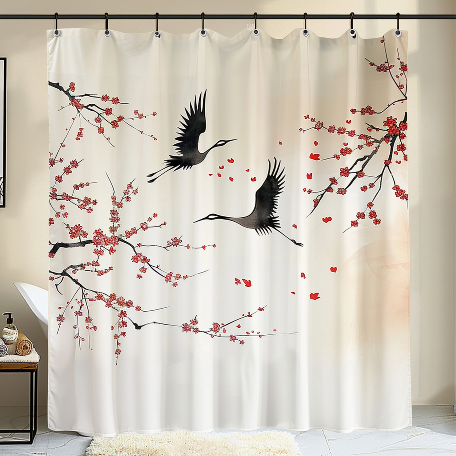 JapaneseInspired Crane and Cherry Blossom Shower Curtain Shabby Chic