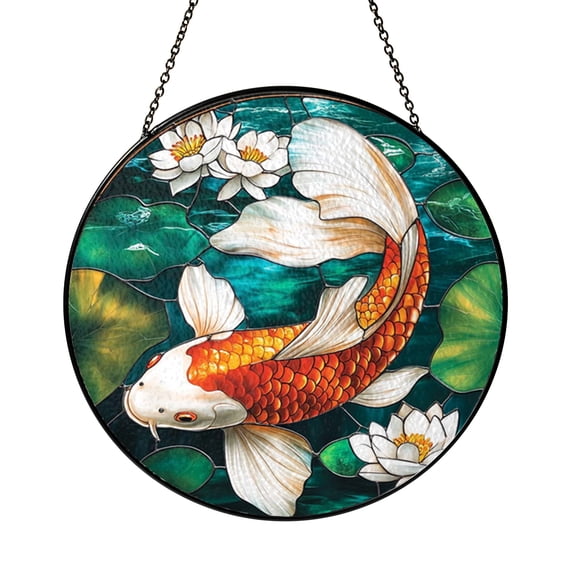 Japanese Inspired Koi Fish Glass Window Hanging, Calm Zen Nature Home Accent