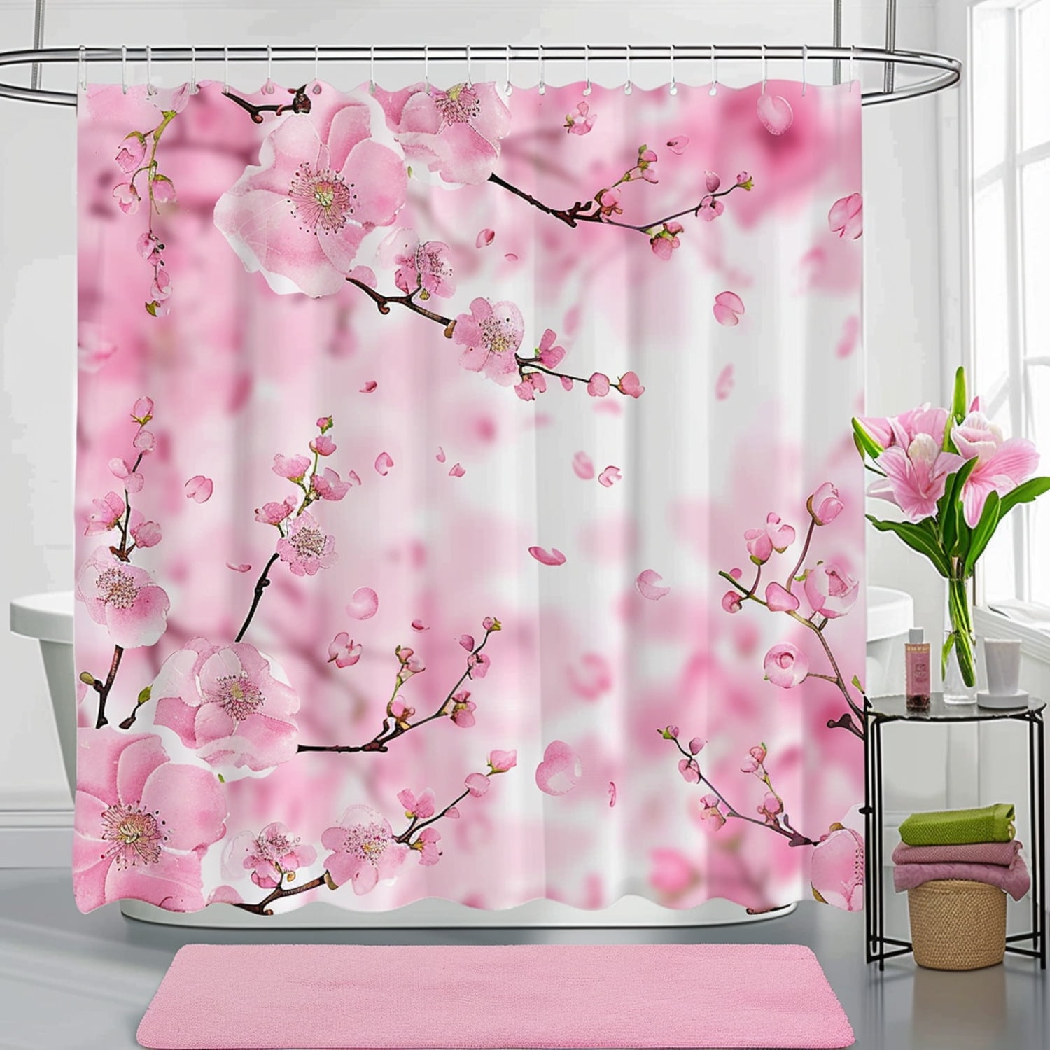 JapaneseInspired Pink Cherry Blossom Bathroom Set Shower Curtain Combo