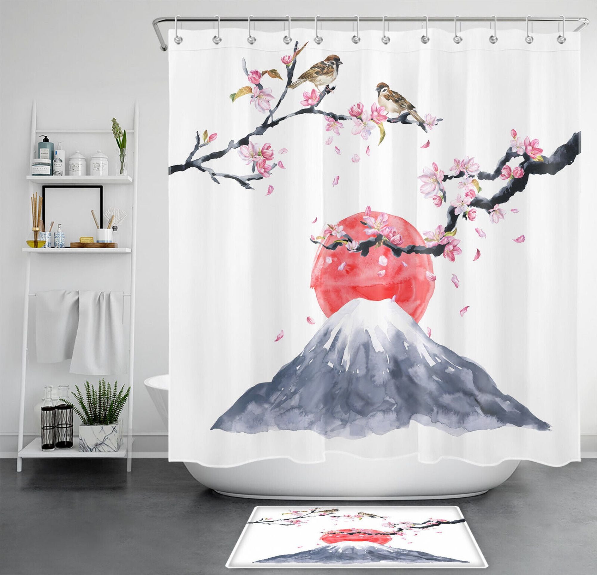 JapaneseInspired Shower Curtain Set with Bird, Blossom, and Mount Fuji
