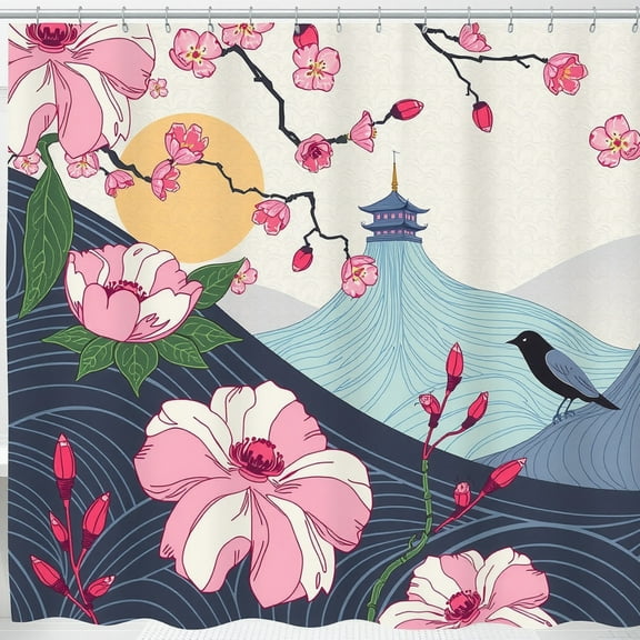 Japanese-Inspired Shower Curtain with Cherry Blossoms Pagoda and Mountain Scene - Colorful Floral Design