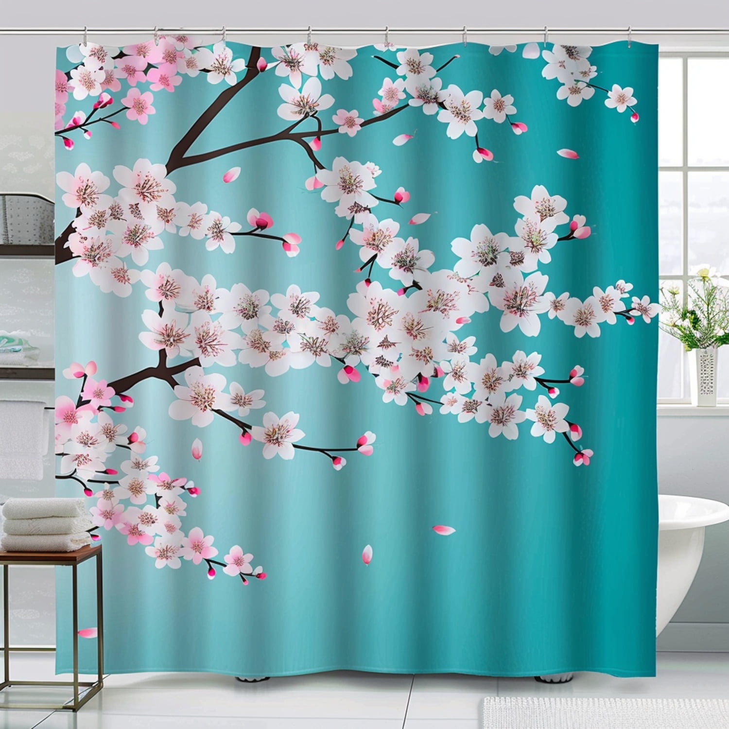 JapaneseInspired Shower Curtain with Cherry Blossoms and Tree Branches