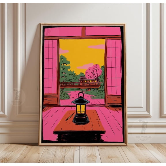 Japanese Interior Pink Lantern Traditional Asian Home Wall Art Unframed Paper Print