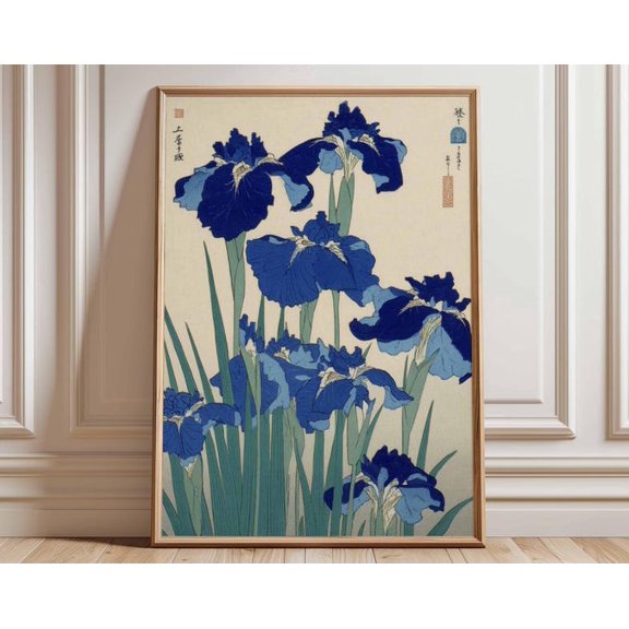 Japanese Iris Ukiyo E Blue Botanical Wall Art Print, Unframed Paper Poster 8x10in