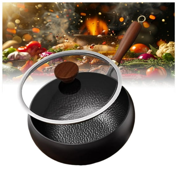 Japanese Iron Pan, Handmade Cast Iron Frying Pan with Lid and Wooden Handle, Traditional Uncoated Iron Pan for Gas Stove and Induction Cooker