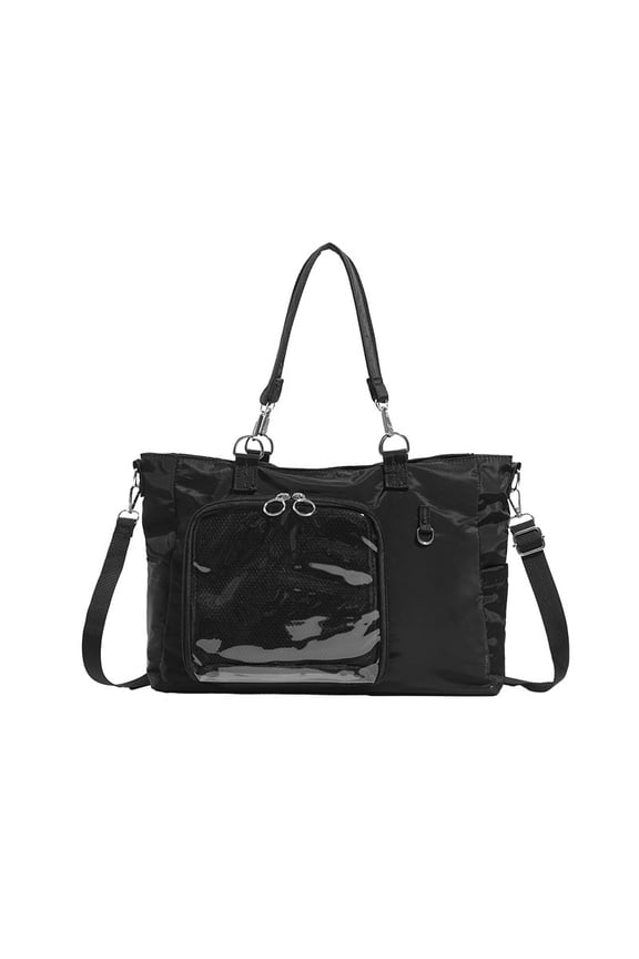 Japanese Ita Bag with Clear Display Window Nylon Tote Handbag for Women and Girls, Student School Commuter Large Capacity Shoulder Crossbody Purse in Black for Daily Use