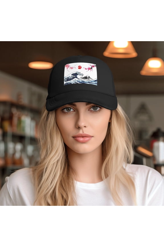 Japanese Kanagawa Surfing Waves Moon Sun Baseball Cap Trucker Hat for Women Men