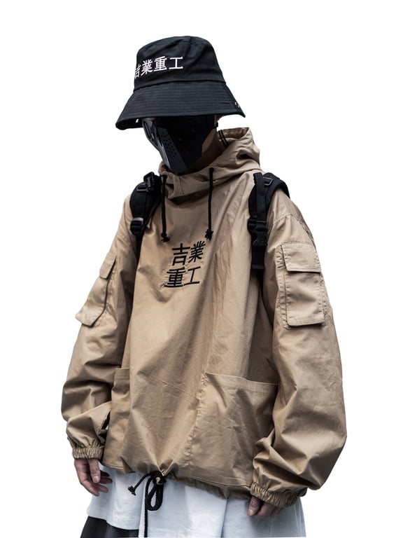 Japanese Kanji Harajuku Windbreaker Streetwear Techwear Lightweight Jacket Pullover Embroidery Hoodie