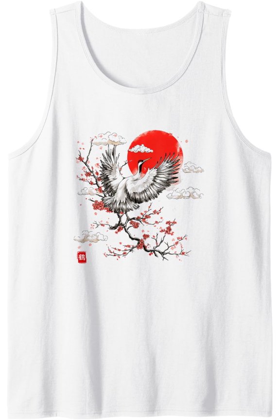 Japanese Kanji Red-Crowned Crane, Sakura Cherry Blossom Tree Tank Top Size S-3XL