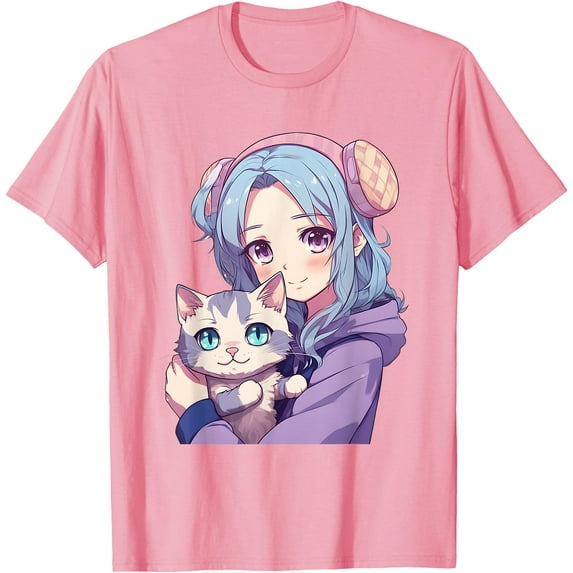 Japanese Kawaii Cats Cute Girl Softstyle Unisex T-Shirt,Light Pink Color,Size YL