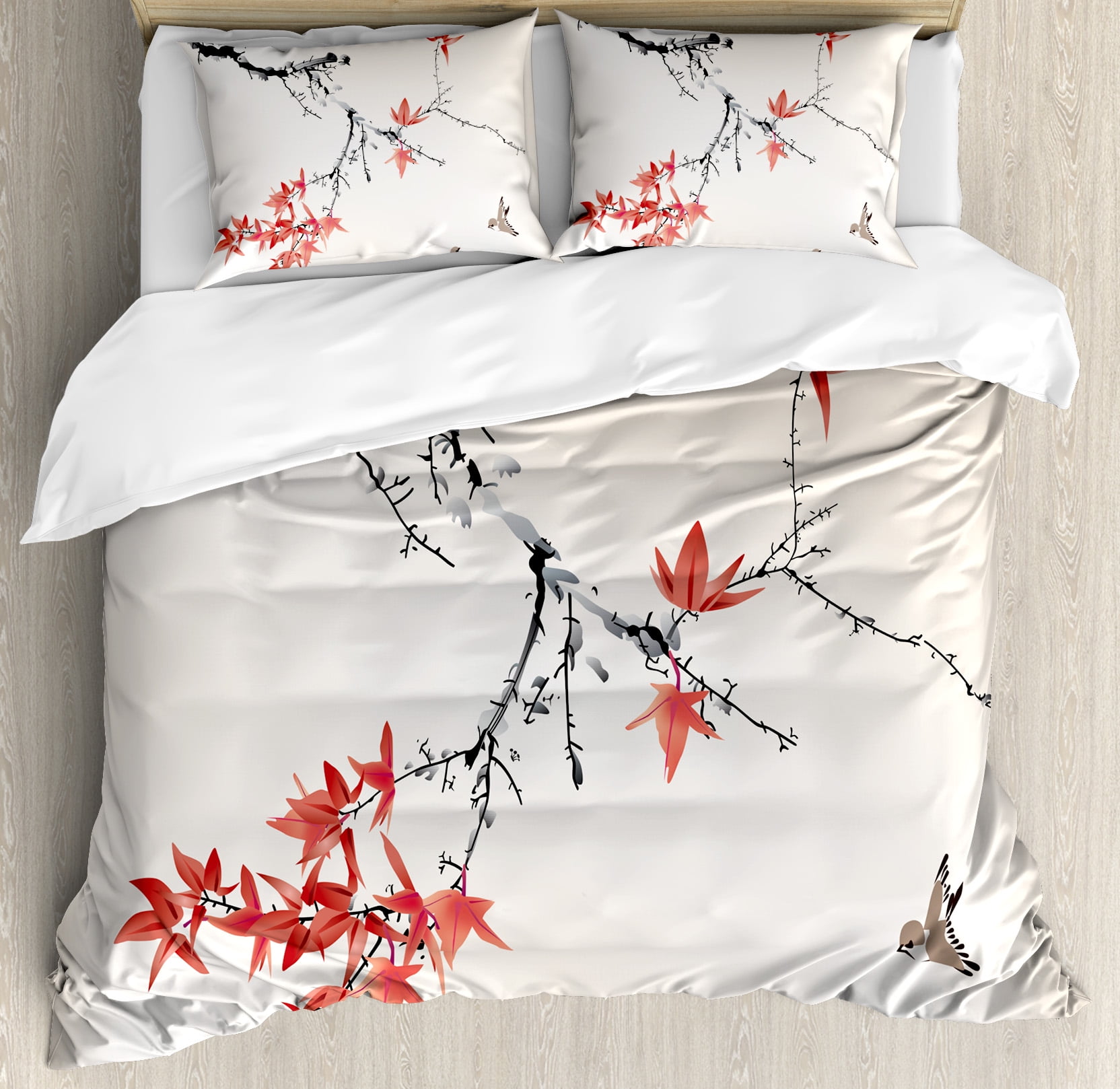 King Size Coral and Black Floral Duvet Cover Set
