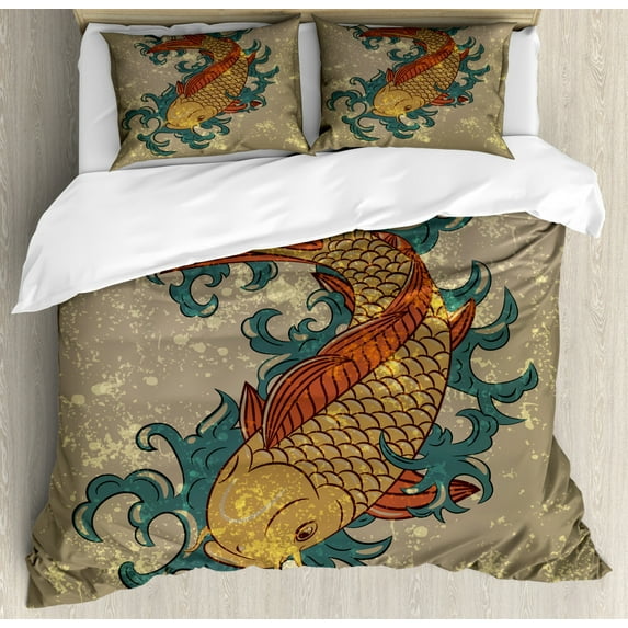 Japanese King Size Duvet Cover Set, Grunge Asian Style Oriental Water Koi Carp Fish Aquatic Theme Distressed Pattern, Decorative 3 Piece Bedding Set with 2 Pillow Shams, Multicolor, by Ambesonne