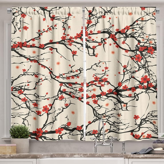 Japanese Kitchen Curtains, Nature Cherry Blossom Sakura Branch Flowers Art Print, Window Drapes 2 Panel Set for Kitchen Cafe Decor, 55" X 39", Brown Vermilion