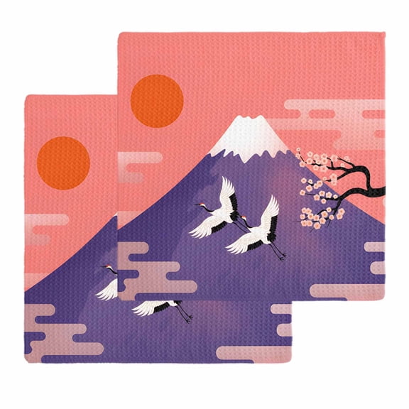Japanese Kitchen Dish Towels for Drying Dishes Set of 2, Nature Mountain Sun Blossoms Cherry Scenery Waffle Weave Microfiber Hand Tea Bathroom Towels Quick Dry & Absorbent Towel 12x12