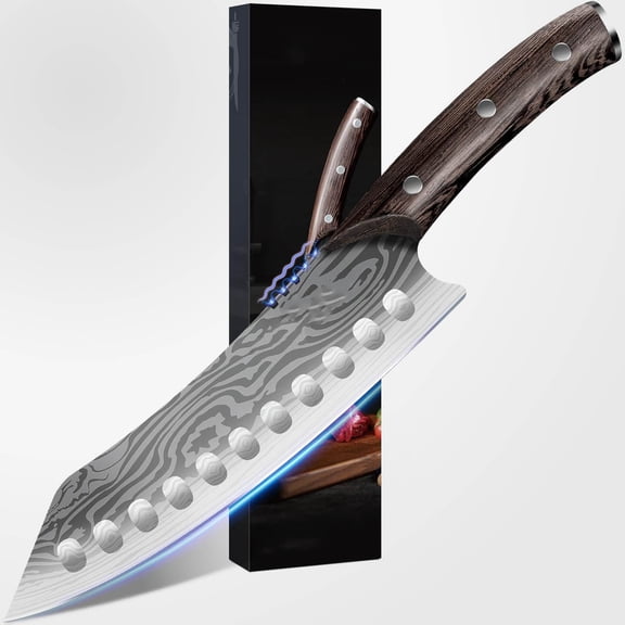 Japanese Kitchen Knife, Chef Knife, Carbon Steel Kiritsuke, Razor Sharp Santoku for Precision Cutting, Damascus Pattern, Full Tang Wood Handle