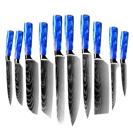 Japanese Kitchen Knife Set with Beautiful Blue Resin Handle -Chef Knife, Bread Knife, Cleaver Knife, Paring Knife, & More (10-Piece Chef Knife Collection)