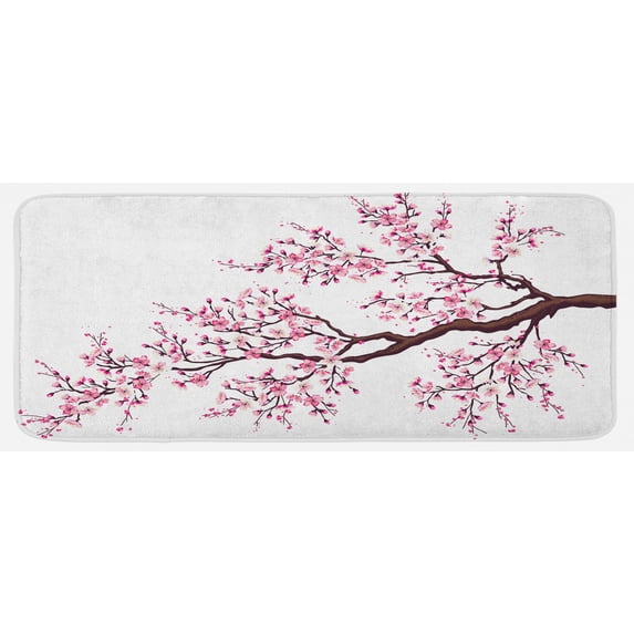 Japanese Kitchen Mat, Branch of a Flourishing Sakura Tree Flowers Cherry Blossoms Spring Theme Art, Plush Decorative Kitchen Mat with Non Slip Backing, 47" X 19", Pink Dark Brown, by Ambesonne