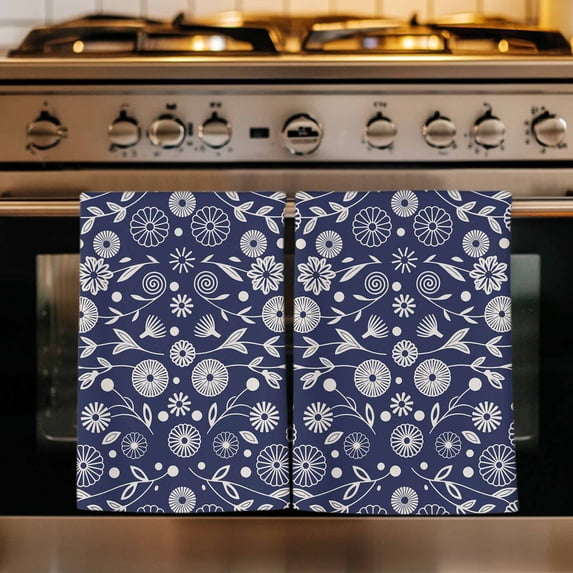 Japanese Kitchen Towels Set of 4, Navy Blue Country Flowers Leaves Aesthetic Absorbent Dish Towels for Kitchen, Microfiber Hand Towel, Quick Drying Tea Towel for Cleaning Decorative Dishcloths