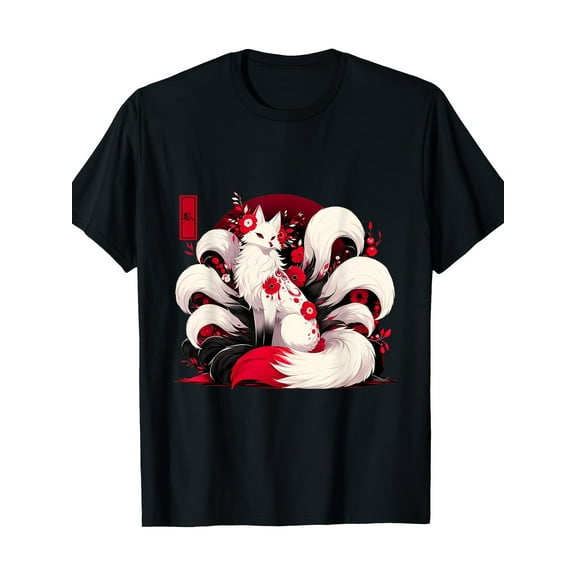 Japanese Kitsune Fox Cherry Blossom Flowers Nine Tailed Fox T-Shirt 220g 100% Cotton T-Shirt