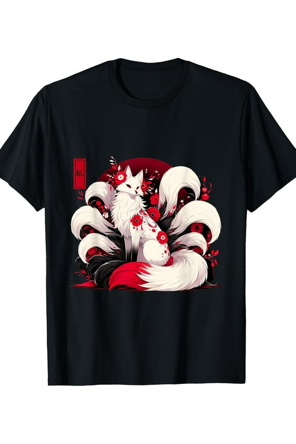Japanese Kitsune Fox Cherry Blossom Flowers Nine Tailed Fox T-Shirt 220g 100% Cotton T-Shirt