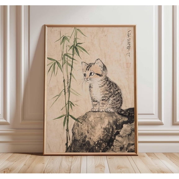 Japanese Kitten Vintage Cat Wall Art Print, Eye Catching Nature Inspired Theme For Living Room And Gallery Wall Decor