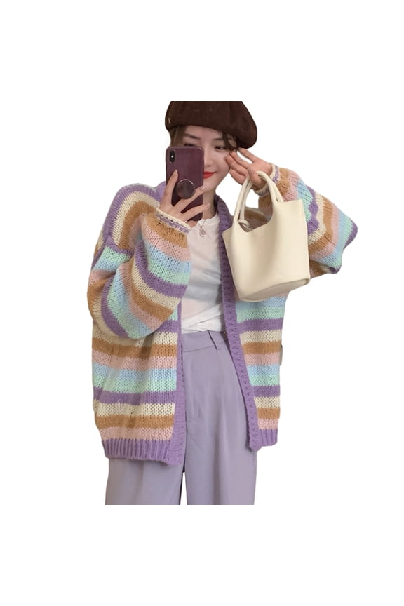 Japanese Knit Rainbow Striped Cardigan Women Long Sleeve Oversized Loose Open Front Sweater Coat Outwear