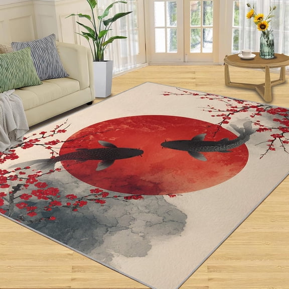 Japanese Koi Area Rug, Cherry Blossom Oriental Washable Rug, Non Slip Low Pile Carpet for Living Room Bedroom Home Decor 2x3ft