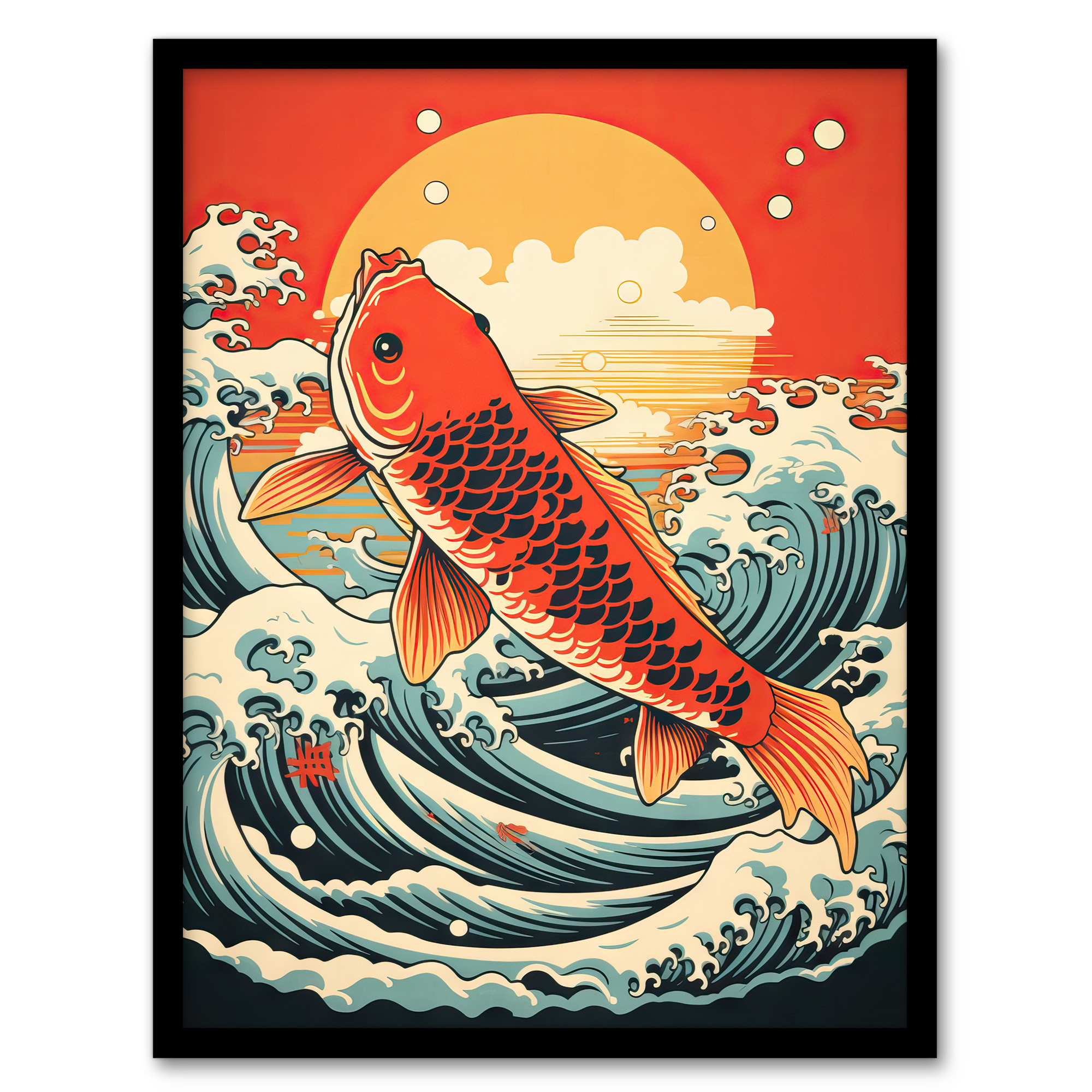 「柿図」油彩 F6 サイン有りKoiso Japanese Koi Carp Fish Leaping From The Sea At Sunset Great Wave