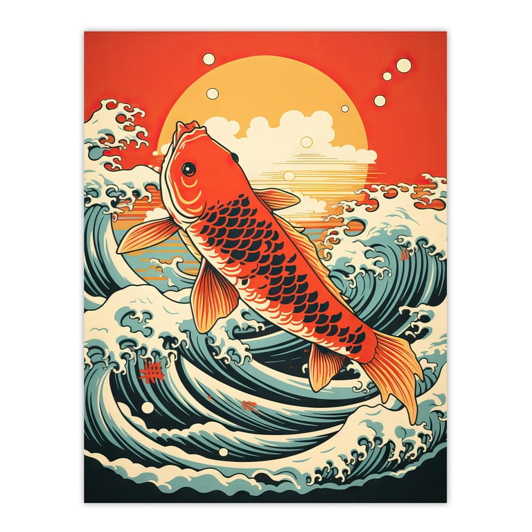 Japanese Koi Carp Fish Leaping From The Sea At Sunset Great Wave