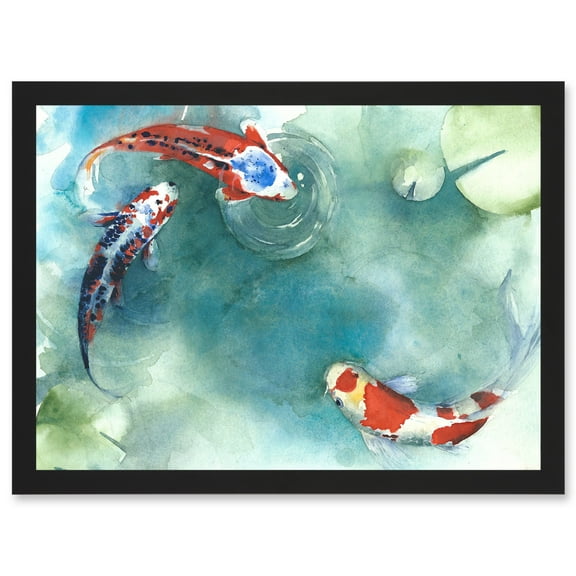 Japanese Koi Carp Fish With Lilies A4 Artwork Framed Wall Art Print
