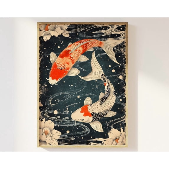 Zen Fish Design Japanese Koi Carp Woodblock Poster, Fish, Calm Zen, Pond, Lotus Flower ...