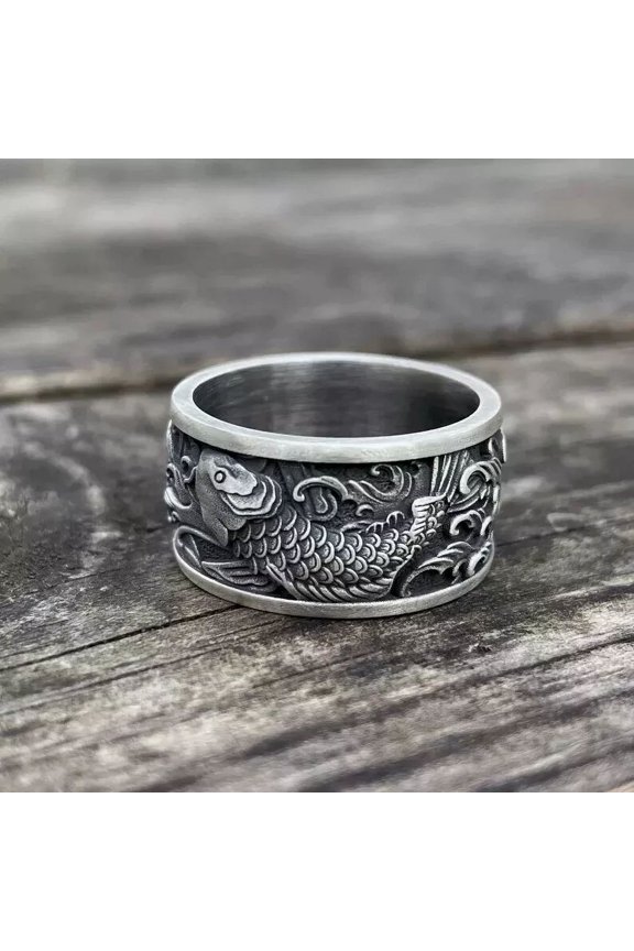 Japanese Koi Fish 925 Sterling Silver Wedding Ring for Men, Carp and Waves Ring