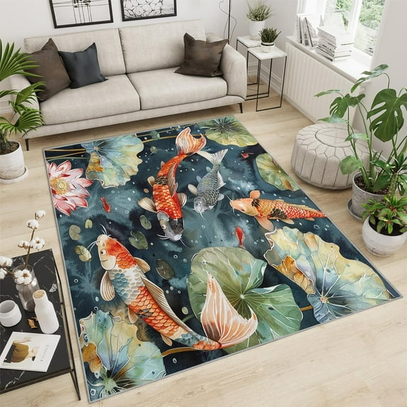 Japanese Koi Fish Area Rugs Oil Painting Pond Lotus Goldfish Carpet 3D Swimming Fish Rugs For Living Room Fine Fluff Rug For Bedroom Kitchen Cafe Office 4x6ft