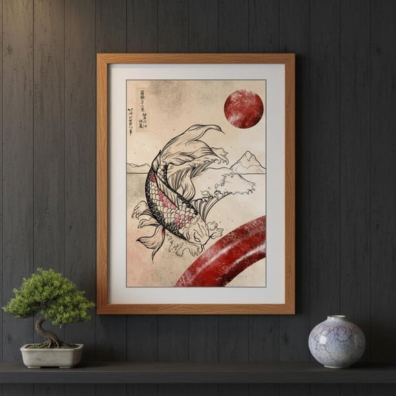 Japanese Koi Fish Art Print: Ukiyo-E Style, Mount Fuji Decor, Unframed Poster Size 12x18