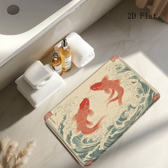 Japanese Koi Fish Bath Mat - Traditional Red Koi Swimming Design with Flannel Material, Non-Slip Floor Rug for Bathroom, Bedroom, Living Room Decor