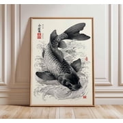 Japanese Koi Fish Black Ink Tattoo Style Traditional Wave Art Unframed Paper Print