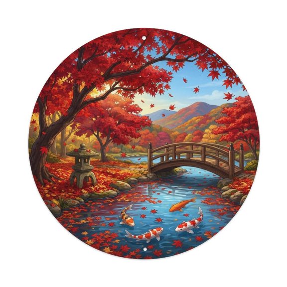 Japanese Koi Fish Crimson Maple Autumn Intense Vintage Metal Tin Sign Plaque Wall Decor for Cafe, Club, Garden Round Metal Poster 8x8Inch