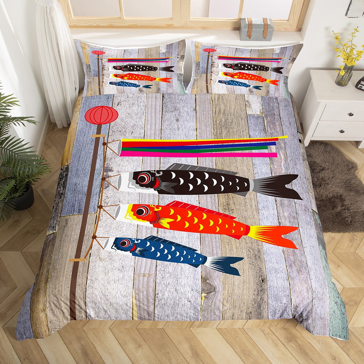 Japanese Koi Fish Duvet Cover Queen, Farmhouse Old Barn Door Bedding
