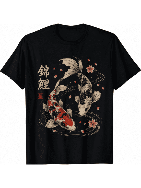 Japanese Koi Fish Graphic T-Shirt Lucky Carp Cherry Blossom Unisex Casual Tee