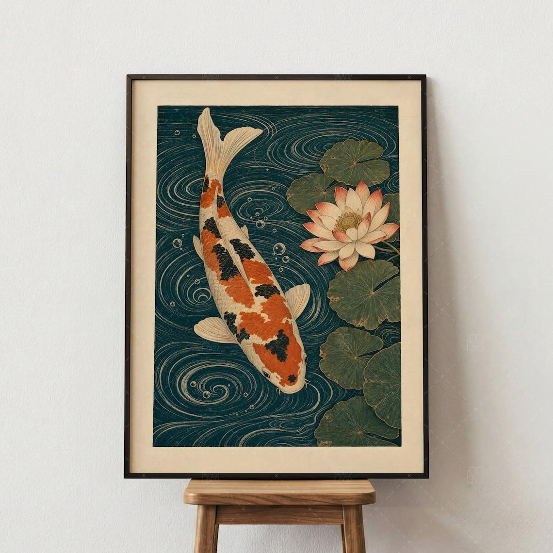 Zen Fish Design Japanese Koi Fish Lotus Flower Poster, Vintage Asian Woodblock, Zen ...