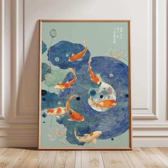 Japanese Koi Fish Lotus Pond Tranquil Zen Poster, Unframed Canvas 12x16in