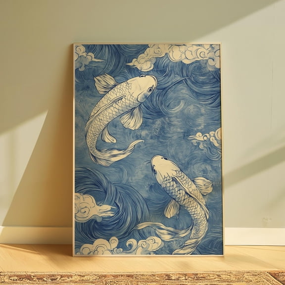 Japanese Koi Fish Poster, Japandi Wall Art, Unframed Paper Poster 8x10in