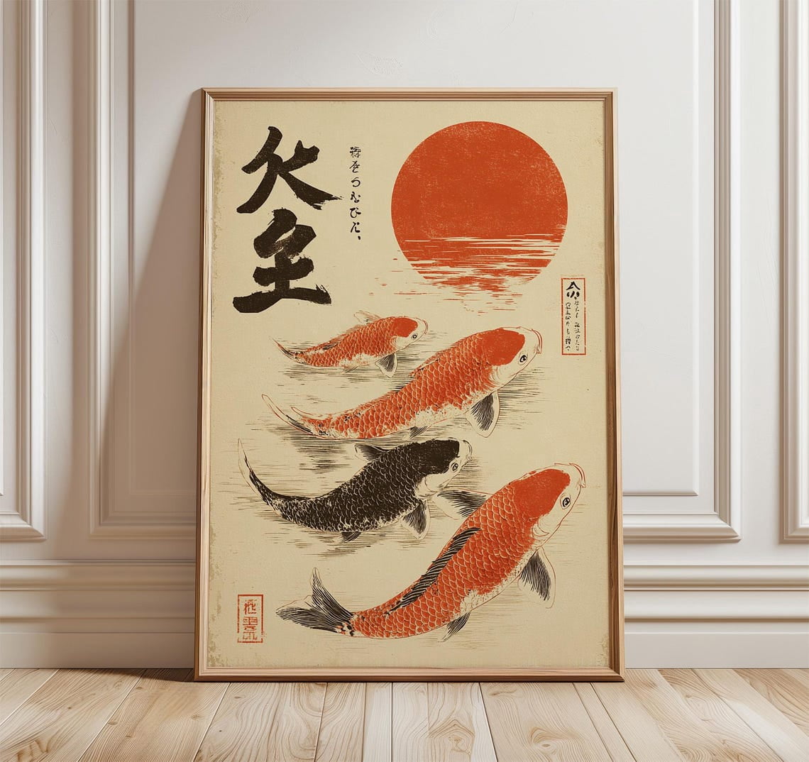 Japanese Koi Fish Poster, Retro Vintage Red Sun Minimalist, Nature ...