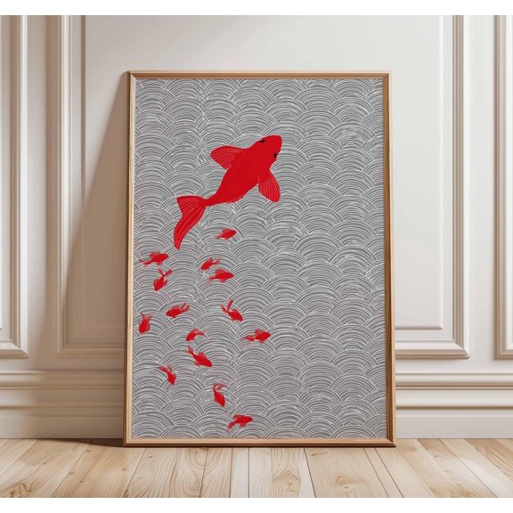 Japanese Koi Fish Poster, Seigaiha Wave Art, Zen Decor, Poster Only