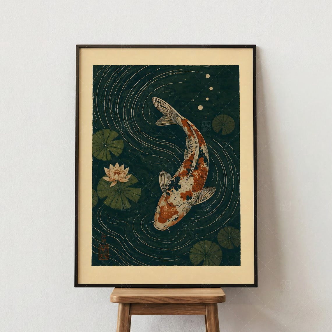 Zen Fish Design Japanese Koi Fish Poster, Vintage Lotus Pond, Dark Green Asian ...