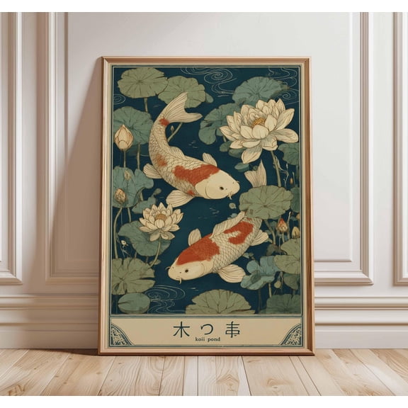 Japanese Koi Fish Print Lotus Flower Wall Art Zen Decor